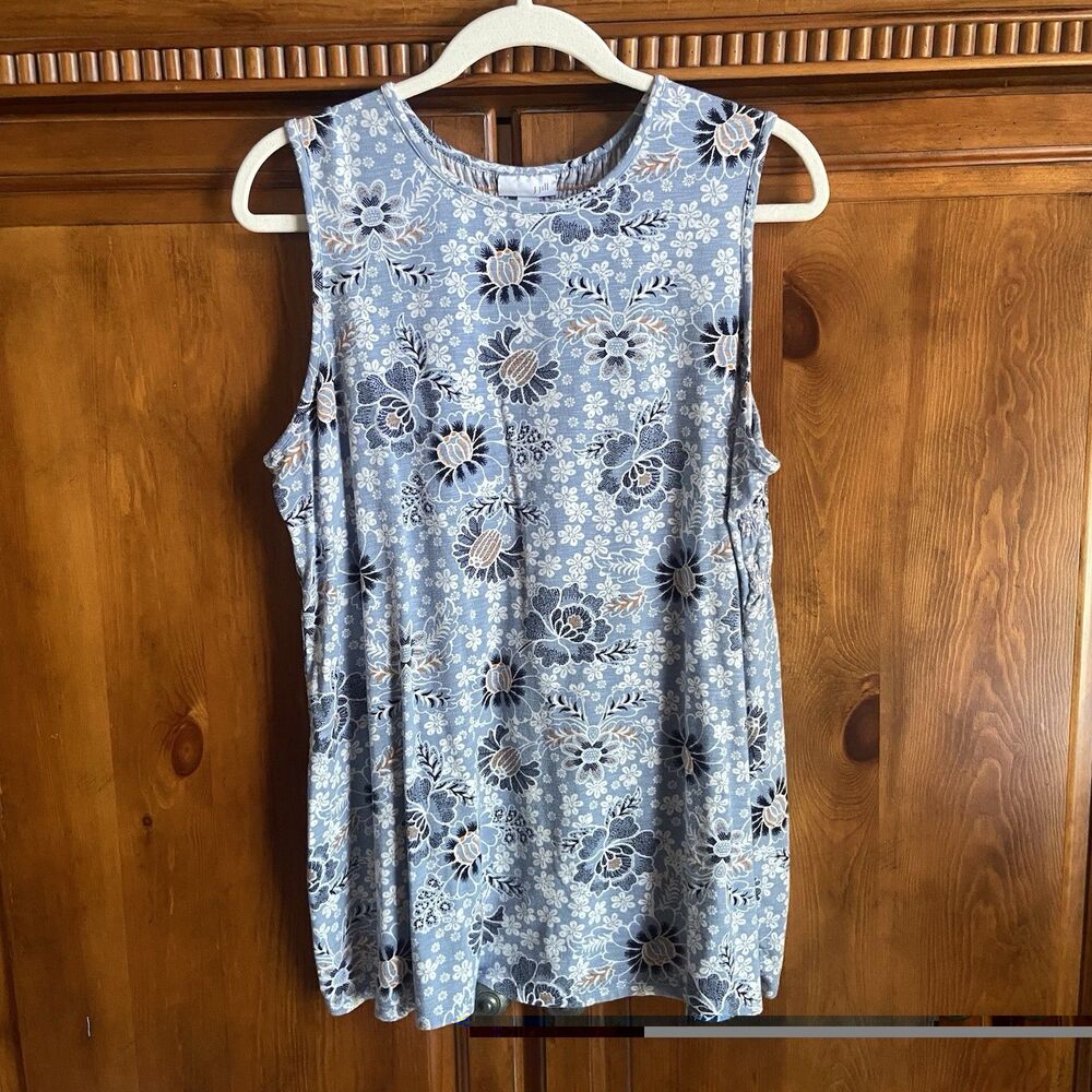 J. Jill Blue Floral Smocked Back Sleeveless Knit Tank Top Sz Large Cotton Blend